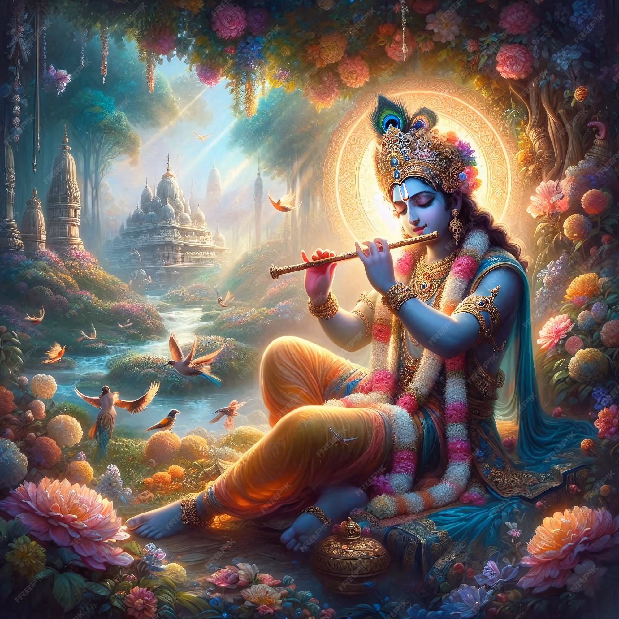 Krishna with heavenly flowers
